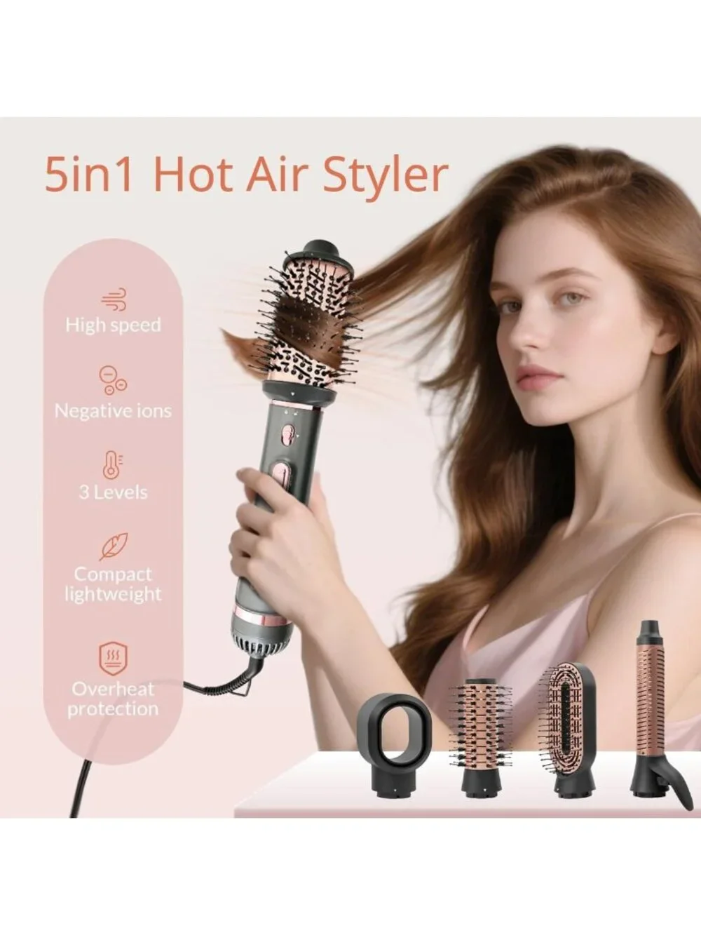 5-in-1 Hot Air Styler & Hair Dryer Brush, 1200W, Negative Ion, 3 Temp Levels